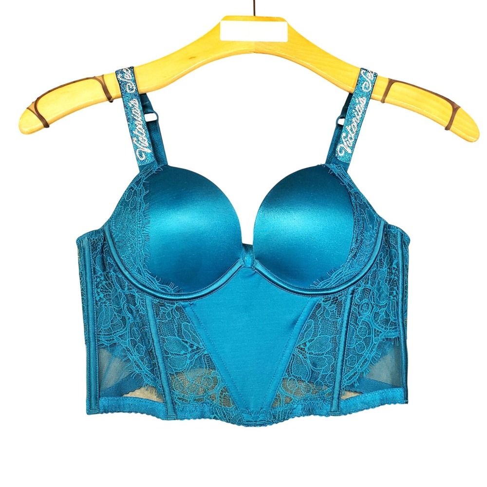 Victorias Secret Very Sexy Teal Lace Longline Push Up Bra Rhinestone Straps 34B